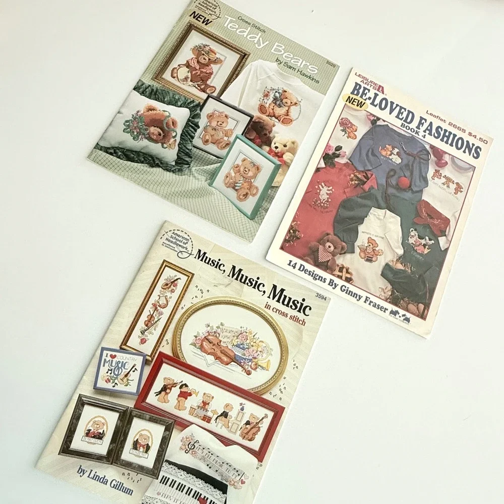 Lot 3 Vintage Cross‎ Stitch Pattern Books Teddy Bears Music Leisure Arts